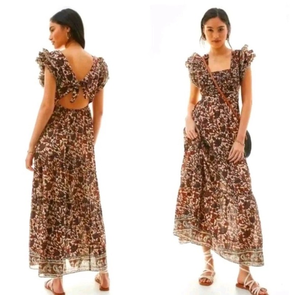 House of Harlow Floral Brown Maxi Boho Dress Lightweight Resortwear M - Picture 1 of 8